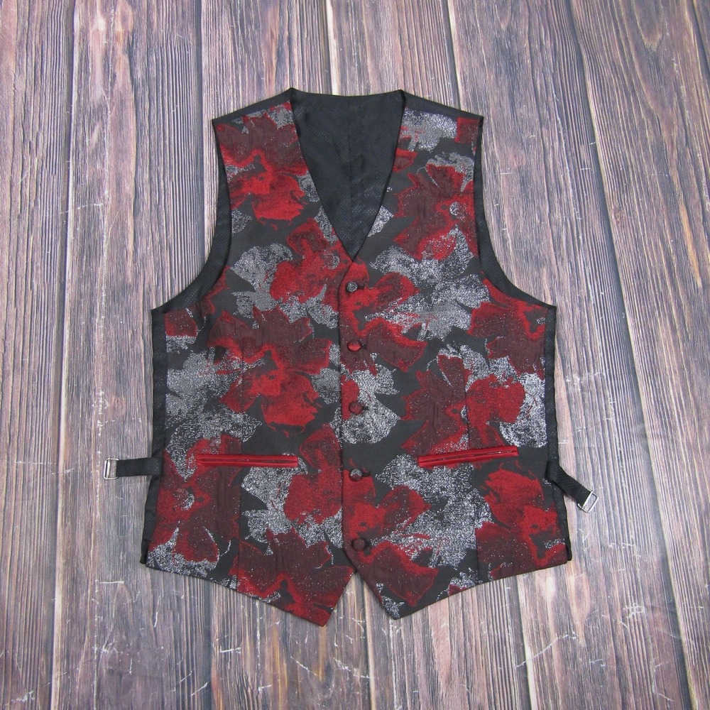 Suit Vest Mens 38 Red Black Floral Tuxedo Belted Formal Waistcoat Wedding Party